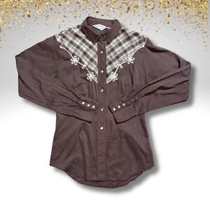 VTG 1970s Vintage H Bar C Embroidered Pearl Snap Western Shirt • Ranchwear • 34